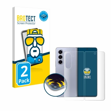 Face avant d’un emballage produit avec le logo de la marque BROTECT. À côté, l’appareil Samsung Galaxy Z Fold 5 (Avant+Arrière