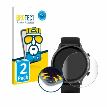 Face avant d’un emballage produit avec le logo de la marque BROTECT. À côté, l’appareil Hama Fit Watch 6910 est représenté ave