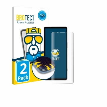 Face avant d’un emballage produit avec le logo de la marque BROTECT. À côté, l’appareil Sony Xperia 5 V est représenté avec la