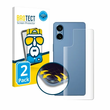 Face avant d’un emballage produit avec le logo de la marque BROTECT. À côté, l’appareil Sony Xperia 5 V (Arrière) est représen