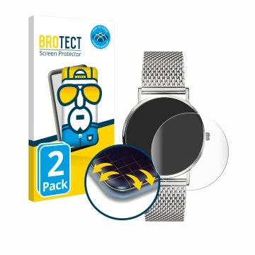 Face avant d’un emballage produit avec le logo de la marque BROTECT. À côté, l’appareil Liebeskind New Case Mesh (34 mm) est r