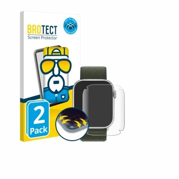 Face avant d’un emballage produit avec le logo de la marque BROTECT. À côté, l’appareil Apple Watch Series 9 (41 mm) est repré