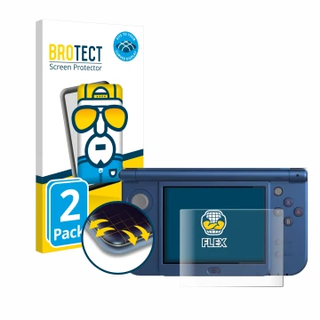 Face avant d’un emballage produit avec le logo de la marque BROTECT. À côté, l’appareil Nintendo New 3DS XL (Affichage inférie