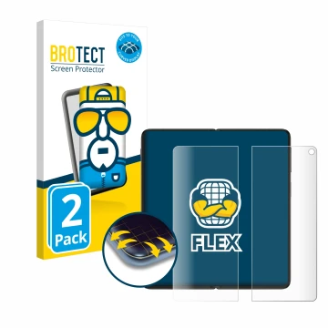 Face avant d’un emballage produit avec le logo de la marque BROTECT. À côté, l’appareil OnePlus Open (Affichage interne) est r