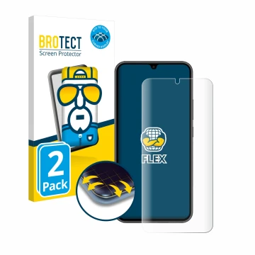 Face avant d’un emballage produit avec le logo de la marque BROTECT. À côté, l’appareil Samsung Galaxy A34 5G Enterprise Editi