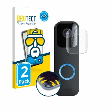Face avant d’un emballage produit avec le logo de la marque BROTECT. À côté, l’appareil Blink Video Doorbell est représenté av