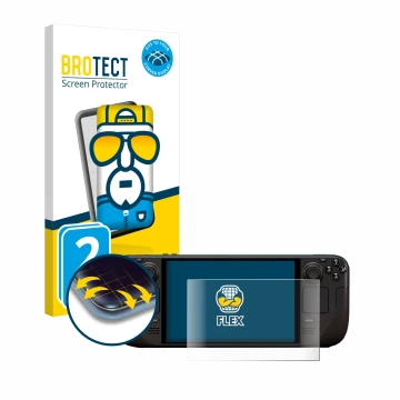 Face avant d’un emballage produit avec le logo de la marque BROTECT. À côté, l’appareil Valve Steam Deck OLED est représenté a