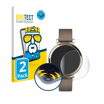 Face avant d’un emballage produit avec le logo de la marque BROTECT. À côté, l’appareil Garmin Lily 2 est représenté avec la p