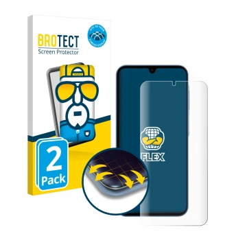 Face avant d’un emballage produit avec le logo de la marque BROTECT. À côté, l’appareil Samsung Galaxy A15 5G est représenté a