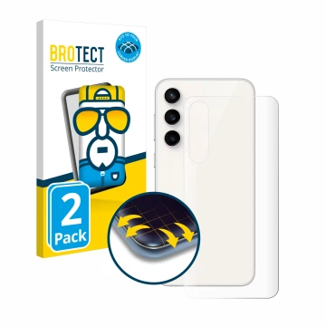Face avant d’un emballage produit avec le logo de la marque BROTECT. À côté, l’appareil Samsung Galaxy S23 FE (Arrière) est re