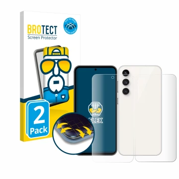 Face avant d’un emballage produit avec le logo de la marque BROTECT. À côté, l’appareil Samsung Galaxy S23 FE (Avant+Arrière) 