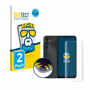 Face avant d’un emballage produit avec le logo de la marque BROTECT. À côté, l’appareil Samsung Galaxy A05s est représenté ave