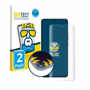 Face avant d’un emballage produit avec le logo de la marque BROTECT. À côté, l’appareil Xiaomi Redmi Note 13 Pro 4G est représ