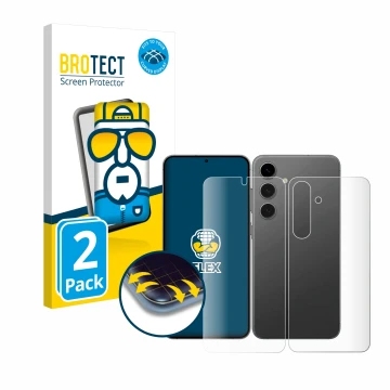 Face avant d’un emballage produit avec le logo de la marque BROTECT. À côté, l’appareil Samsung Galaxy S24 (Avant+Arrière) est