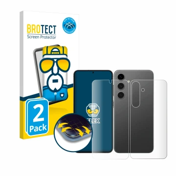 Face avant d’un emballage produit avec le logo de la marque BROTECT. À côté, l’appareil Samsung Galaxy S24 Plus (Avant+Arrière