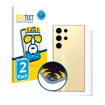 Face avant d’un emballage produit avec le logo de la marque BROTECT. À côté, l’appareil Samsung Galaxy S24 Ultra (Arrière) est