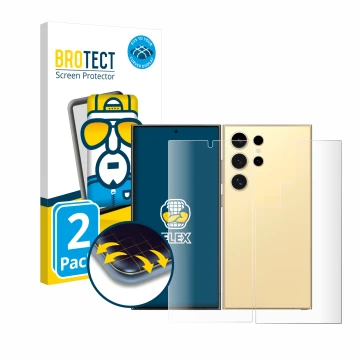 Face avant d’un emballage produit avec le logo de la marque BROTECT. À côté, l’appareil Samsung Galaxy S24 Ultra (case-friendl