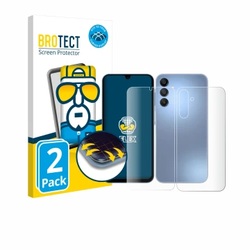 Face avant d’un emballage produit avec le logo de la marque BROTECT. À côté, l’appareil Samsung Galaxy A15 (Avant+Arrière) est