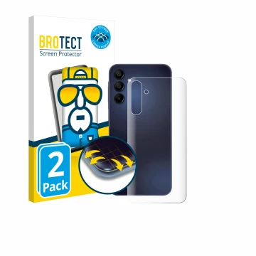 Face avant d’un emballage produit avec le logo de la marque BROTECT. À côté, l’appareil Samsung Galaxy A15 5G (Arrière) est re