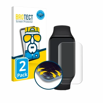 Face avant d’un emballage produit avec le logo de la marque BROTECT. À côté, l’appareil Xiaomi Smart Band 8 Active est représe