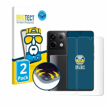 Face avant d’un emballage produit avec le logo de la marque BROTECT. À côté, l’appareil Xiaomi Redmi Note 13 Pro 5G (Avant+Arr