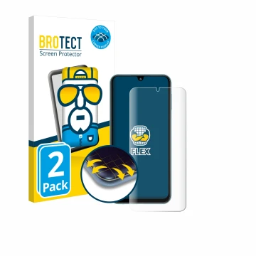 Face avant d’un emballage produit avec le logo de la marque BROTECT. À côté, l’appareil Samsung Galaxy M34 est représenté avec