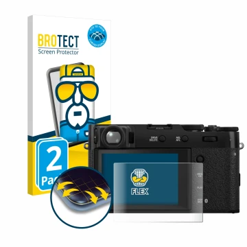 Face avant d’un emballage produit avec le logo de la marque BROTECT. À côté, l’appareil Fujifilm X100VI est représenté avec la