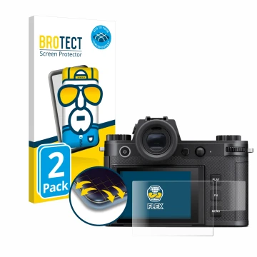 Face avant d’un emballage produit avec le logo de la marque BROTECT. À côté, l’appareil Leica SL3 (Affichage + affichage des é