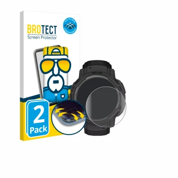 Face avant d’un emballage produit avec le logo de la marque BROTECT. À côté, l’appareil Garmin Instinct Crossover Solar est re