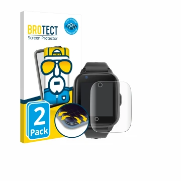 Face avant d’un emballage produit avec le logo de la marque BROTECT. À côté, l’appareil Leotec Kids Allo Plus 4G est représent