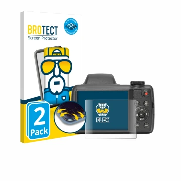 Face avant d’un emballage produit avec le logo de la marque BROTECT. À côté, l’appareil Kodak Pixpro AZ528 est représenté avec