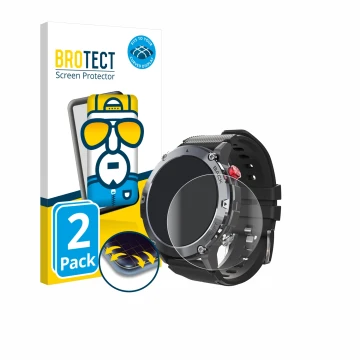 Face avant d’un emballage produit avec le logo de la marque BROTECT. À côté, l’appareil Darmowade Smartwatch 1.32