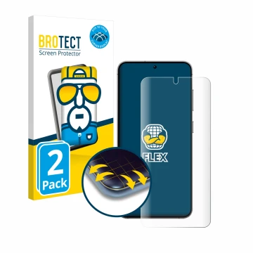 Face avant d’un emballage produit avec le logo de la marque BROTECT. À côté, l’appareil Samsung Galaxy S24 Enterprise Edition 