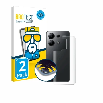 Face avant d’un emballage produit avec le logo de la marque BROTECT. À côté, l’appareil Xiaomi Redmi Note 13 4G (Arrière) est 