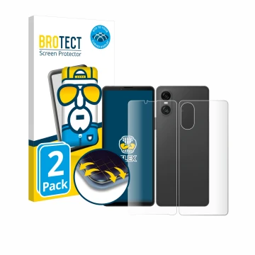 Face avant d’un emballage produit avec le logo de la marque BROTECT. À côté, l’appareil Sony Xperia 10 VI (Avant+Arrière) est 