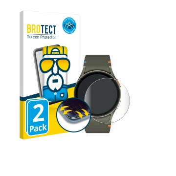 Face avant d’un emballage produit avec le logo de la marque BROTECT. À côté, l’appareil Samsung Galaxy Watch 7 (40 mm) est rep