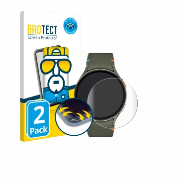 Face avant d’un emballage produit avec le logo de la marque BROTECT. À côté, l’appareil Samsung Galaxy Watch 7 (44 mm) est rep