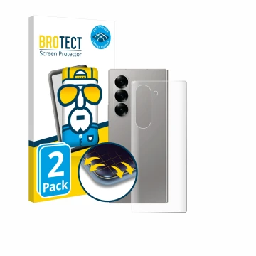 Face avant d’un emballage produit avec le logo de la marque BROTECT. À côté, l’appareil Samsung Galaxy Z Fold 6 5G (Arrière) e