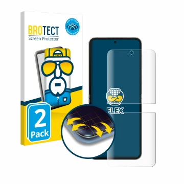 Face avant d’un emballage produit avec le logo de la marque BROTECT. À côté, l’appareil Samsung Galaxy Z Flip 6 est représenté