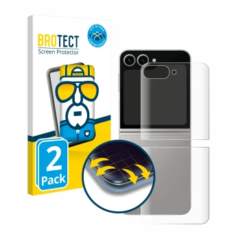 Face avant d’un emballage produit avec le logo de la marque BROTECT. À côté, l’appareil Samsung Galaxy Z Flip 6 (Arrière) est 
