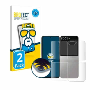 Face avant d’un emballage produit avec le logo de la marque BROTECT. À côté, l’appareil Samsung Galaxy Z Flip 6 (Avant+Arrière