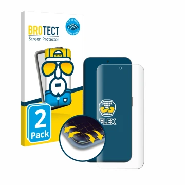 Face avant d’un emballage produit avec le logo de la marque BROTECT. À côté, l’appareil Nothing Phone (2a) Plus est représenté