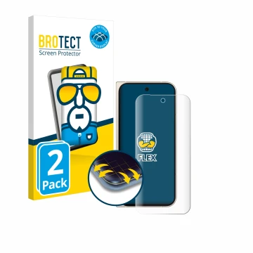 Face avant d’un emballage produit avec le logo de la marque BROTECT. À côté, l’appareil Google Pixel 9 Pro Fold est représenté