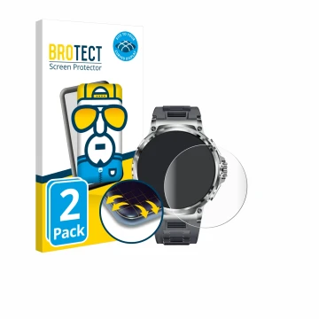 Face avant d’un emballage produit avec le logo de la marque BROTECT. À côté, l’appareil Smartwatch V69 1.85