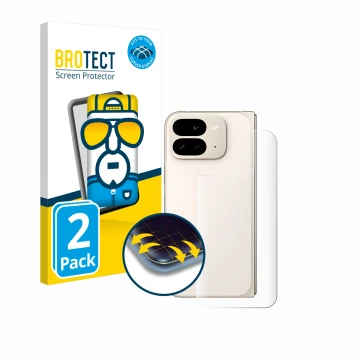 Face avant d’un emballage produit avec le logo de la marque BROTECT. À côté, l’appareil Google Pixel 9 Pro Fold (Arrière) est 