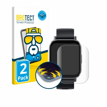 Face avant d’un emballage produit avec le logo de la marque BROTECT. À côté, l’appareil Xiaomi Redmi Watch 5 Active est représ