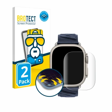 Face avant d’un emballage produit avec le logo de la marque BROTECT. À côté, l’appareil Apple Watch Hermès Ultra 2 est représe