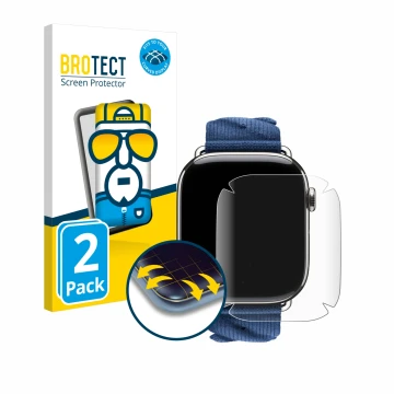 Face avant d’un emballage produit avec le logo de la marque BROTECT. À côté, l’appareil Apple Watch Hermès Series 10 (46 mm) e