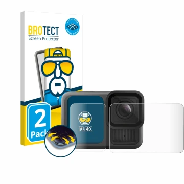 Face avant d’un emballage produit avec le logo de la marque BROTECT. À côté, l’appareil GoPro Hero 13 Black est représenté ave