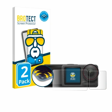 Face avant d’un emballage produit avec le logo de la marque BROTECT. À côté, l’appareil DJI Osmo Action 5 Pro est représenté a